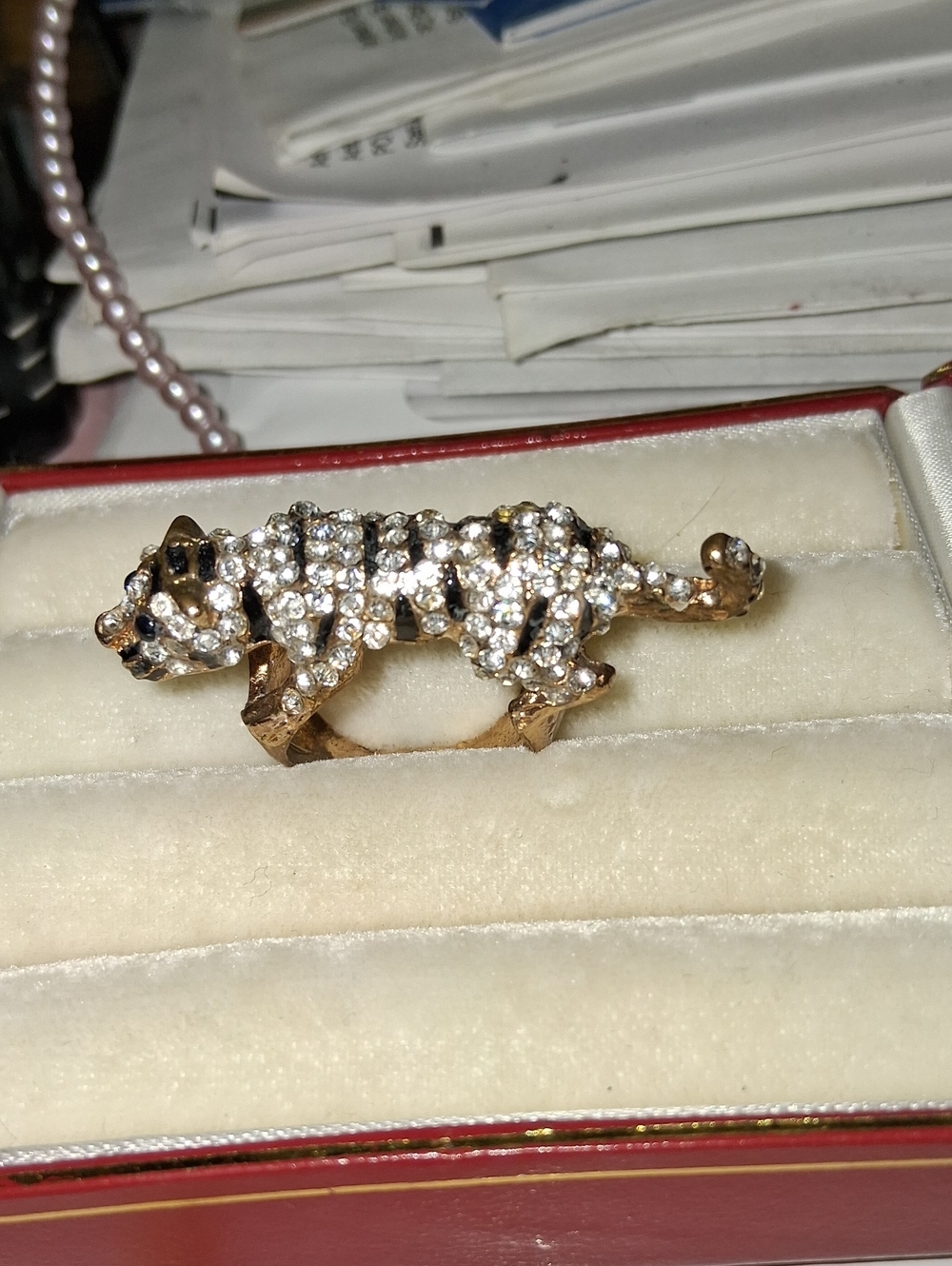State Ment Ring Gold-Tone Crystal Tiger Ring - Gold and Clear